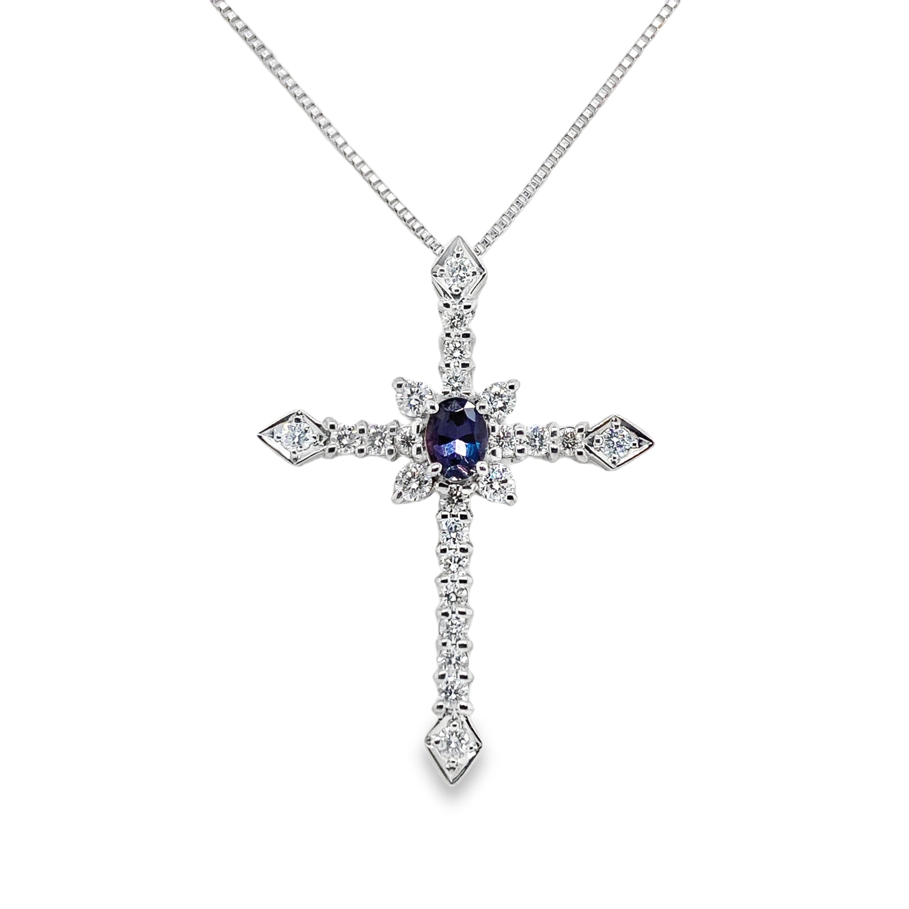 0.36ct Oval Brazil Alexandrite & Diamond 18K White Gold Cross Pendant