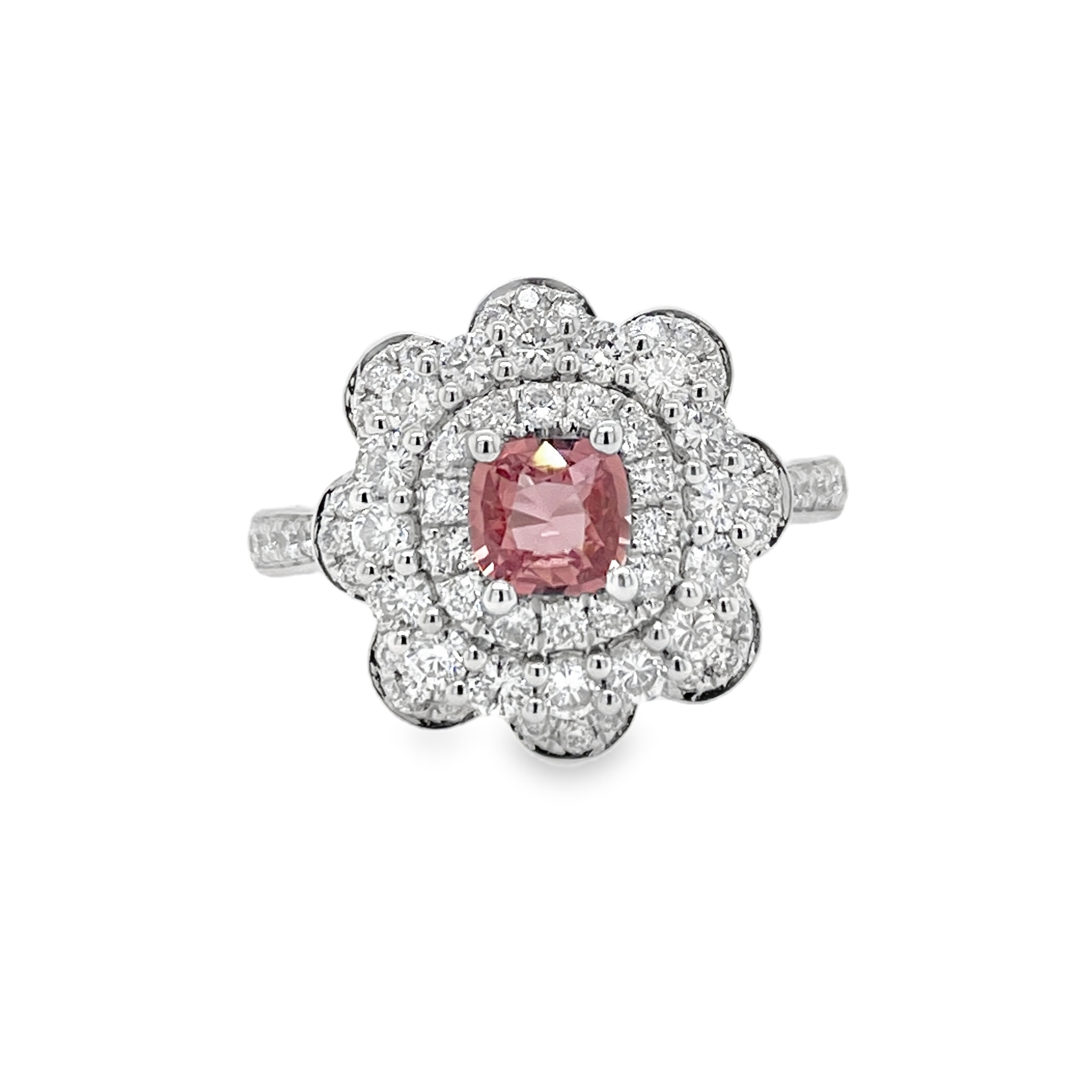 0.456ct Cushion-Cut Heated Padparadscha Sapphire Floral Ring