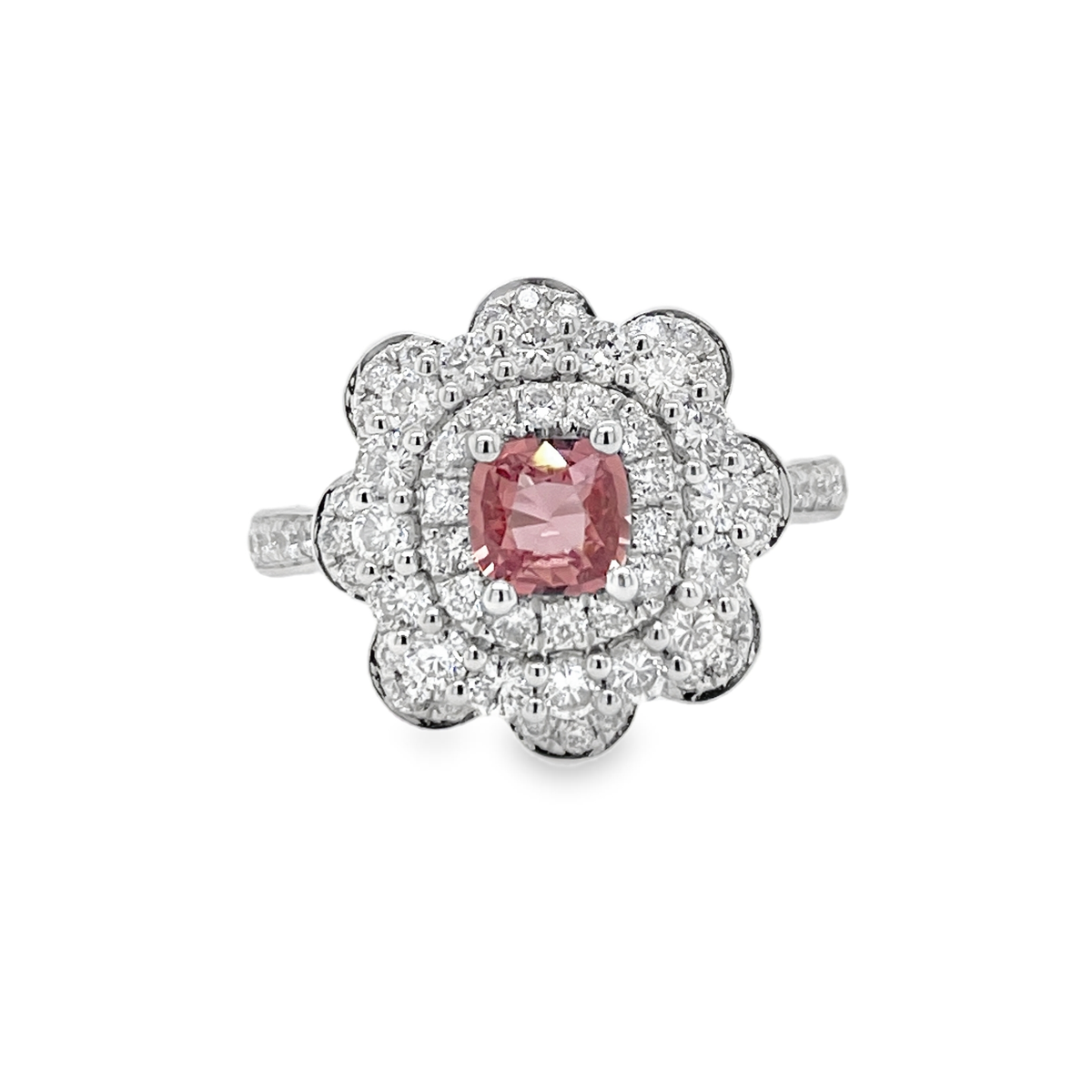 0.456ct Cushion-Cut Heated Padparadscha Sapphire Floral Ring