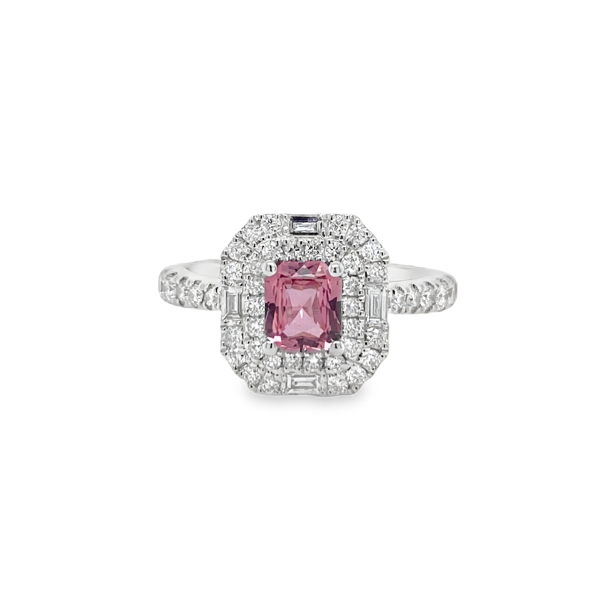0.682ct Rectangular-Cut Heated Padparadscha Sapphire & Diamond Ring