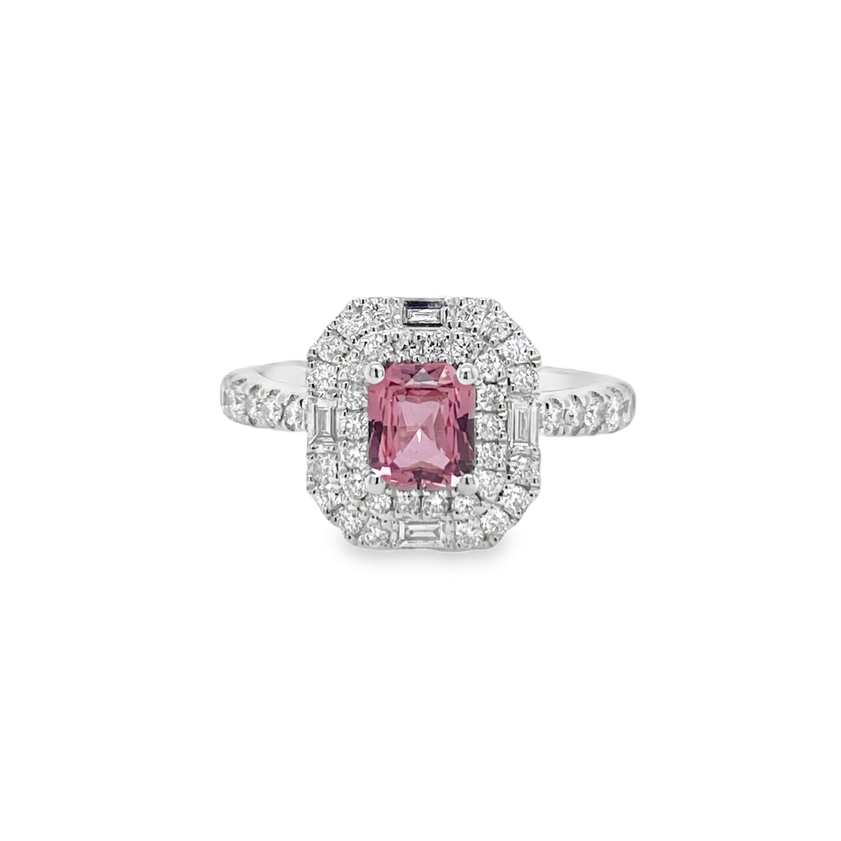 0.682ct Rectangular-Cut Heated Padparadscha Sapphire & Diamond Ring