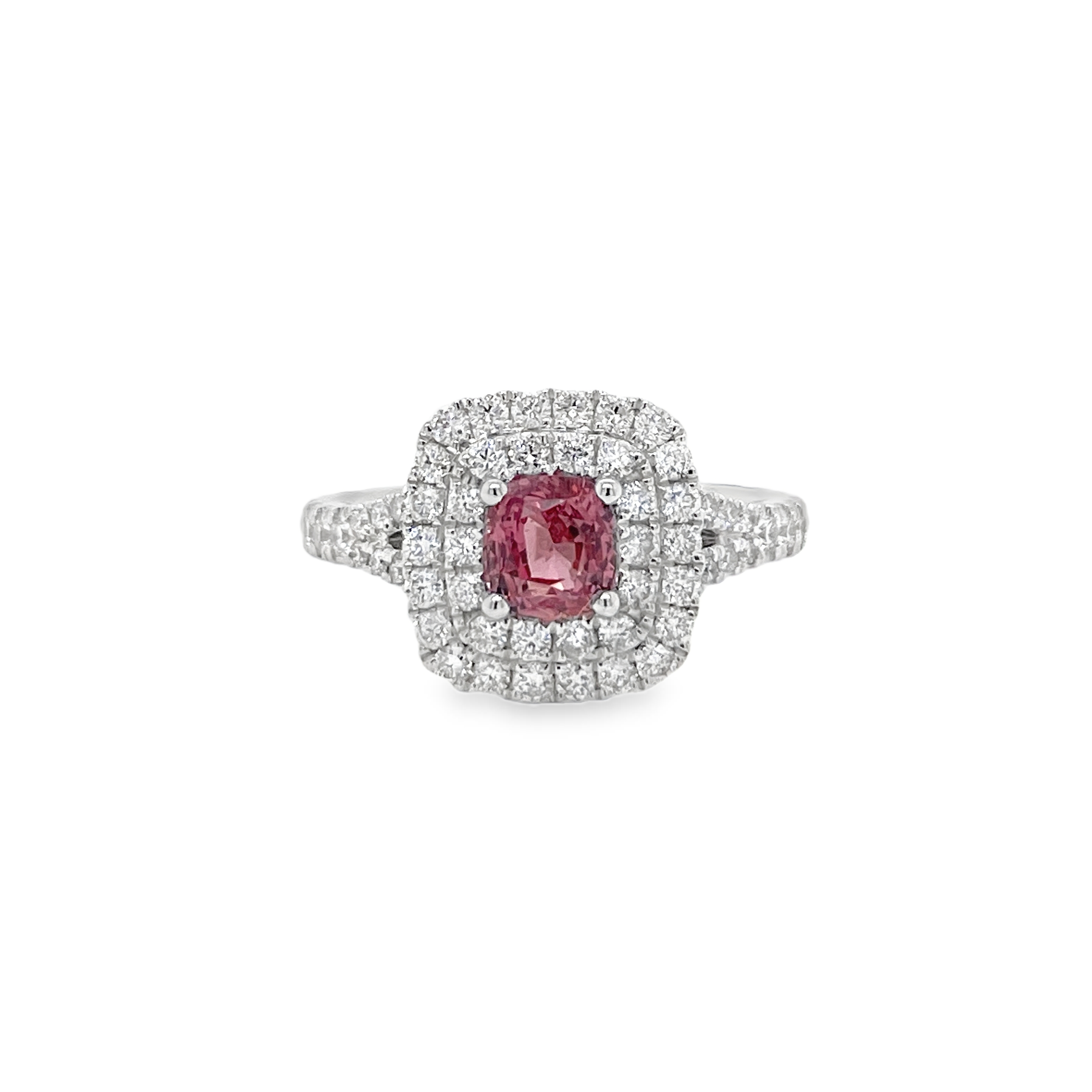 0.86ct Cushion-Cut Heated Padparadscha Sapphire & Diamond Ring