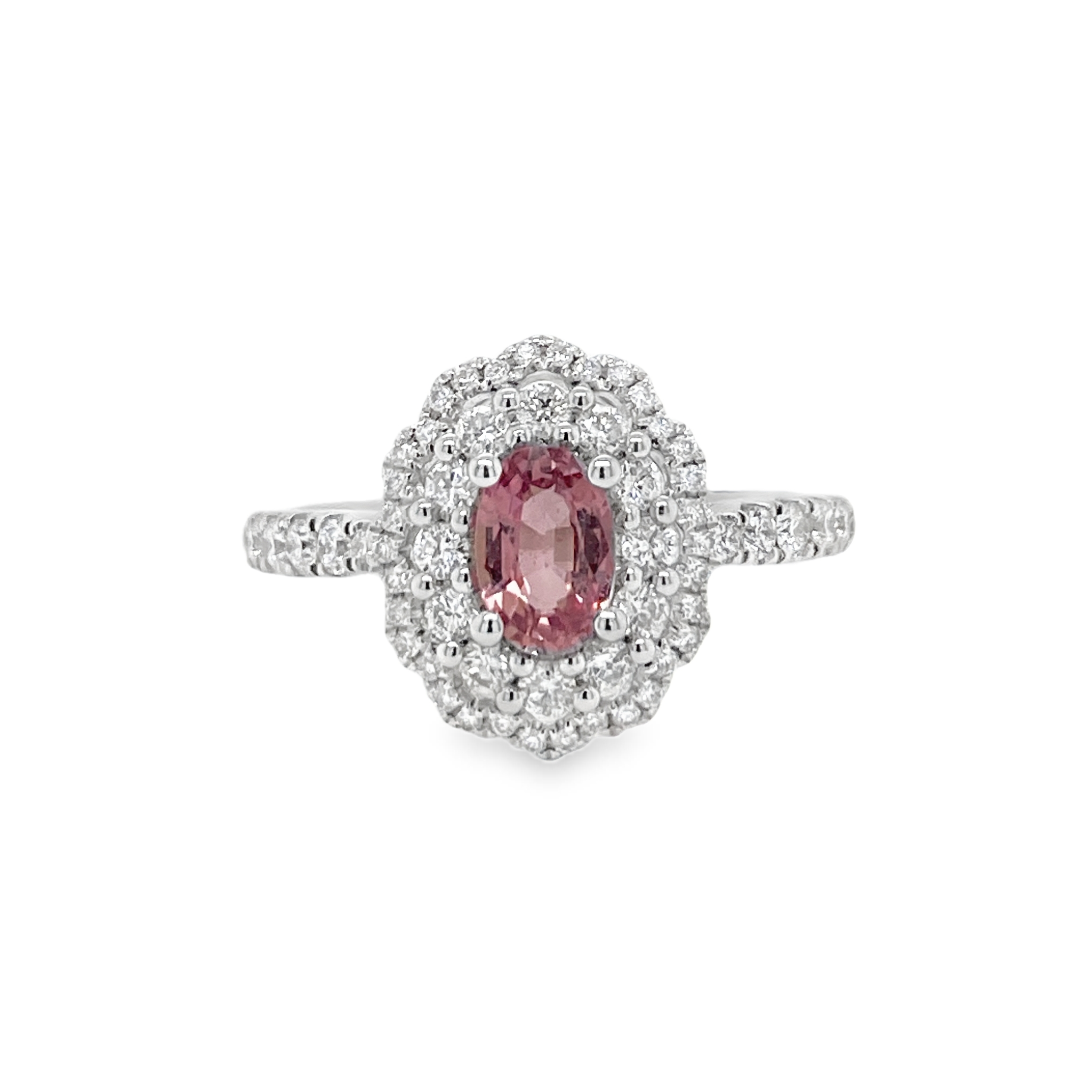 0.62ct Oval Heated Padparadscha Sapphire & Diamond Halo Ring