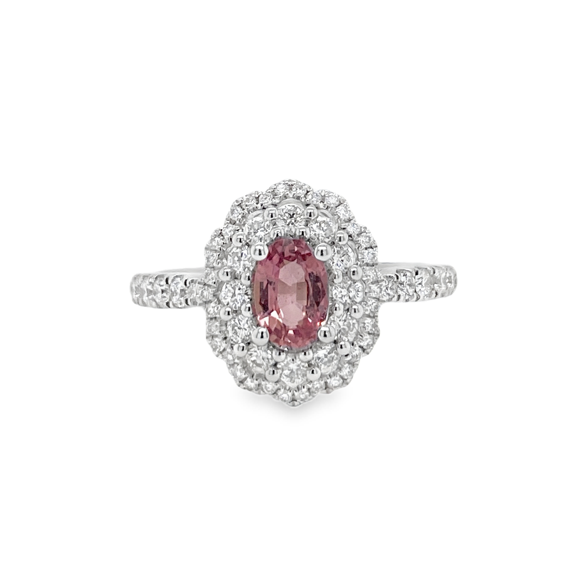 0.62ct Oval Heated Padparadscha Sapphire & Diamond Halo Ring