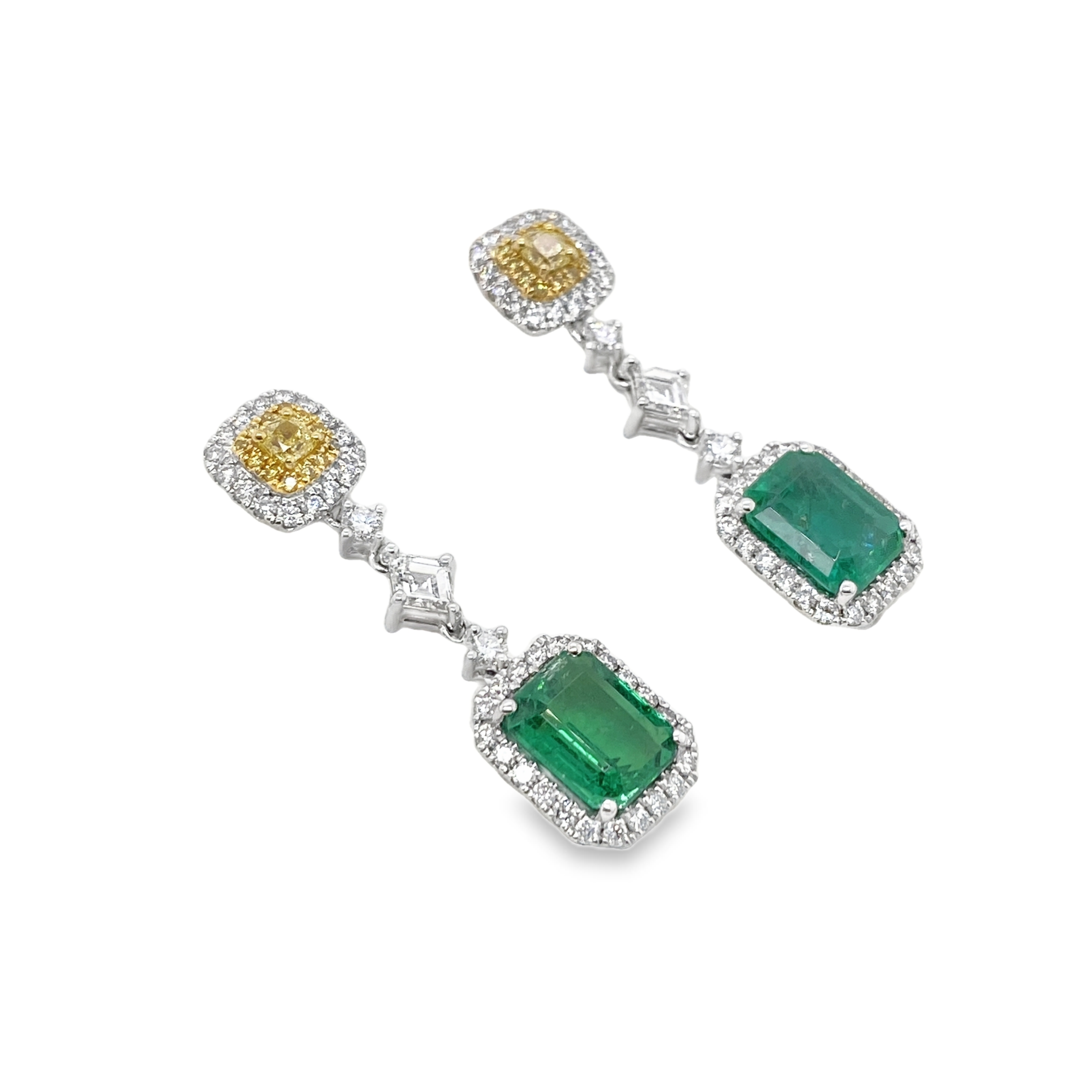 2.90ct Zambian Emerald & Yellow Diamond Lozenge Dangling Earrings