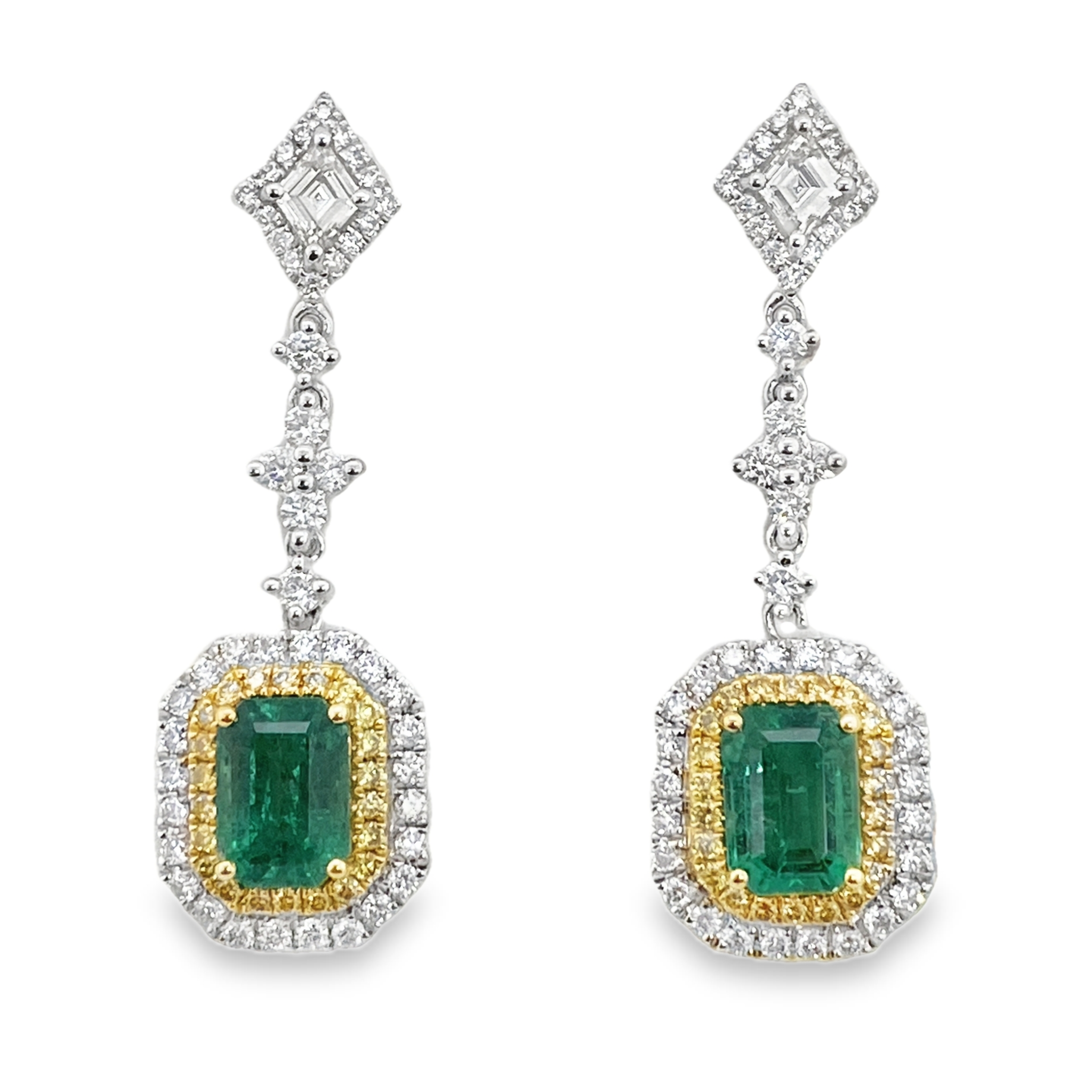 2.07ct Zambian Emerald & Diamond Lozenge Dangling Earrings