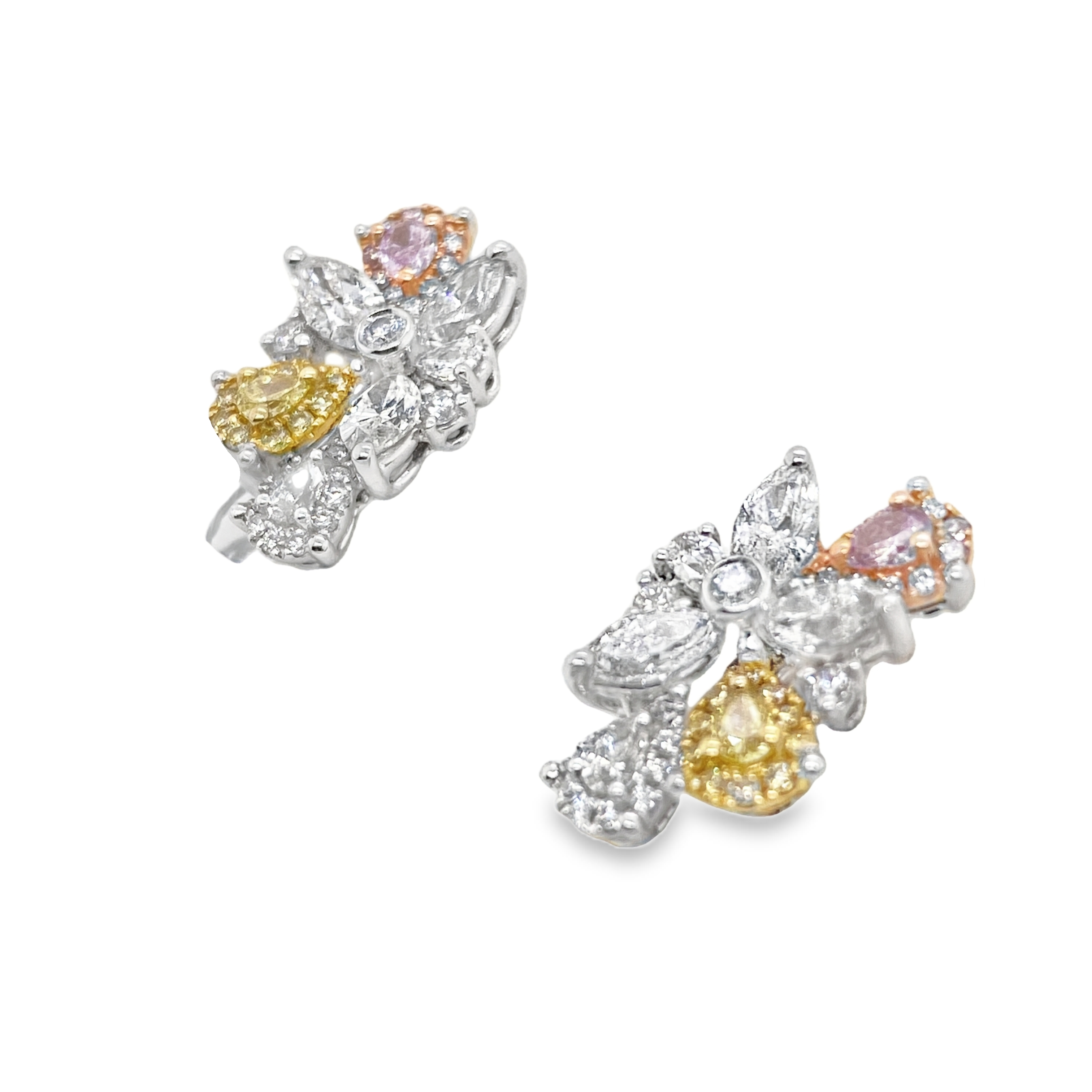 Fancy Light Purplish Pink & Yellow Diamond Earrings with Pear-Shaped Multi-Diamond Design