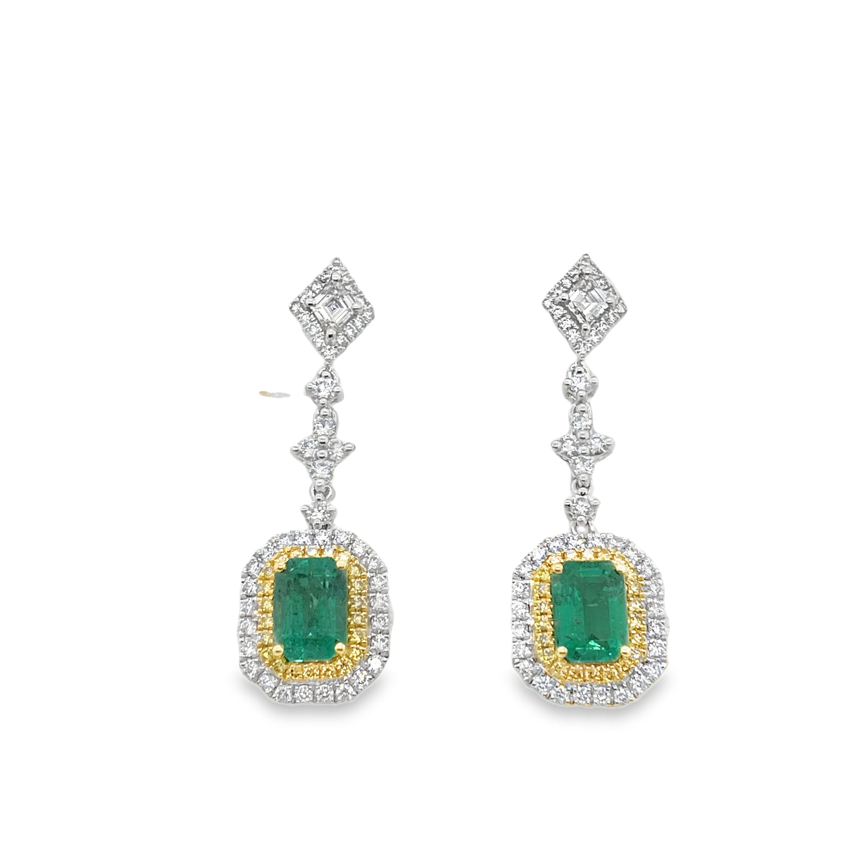 2.07ct Zambian Emerald & Diamond Lozenge Dangling Earrings