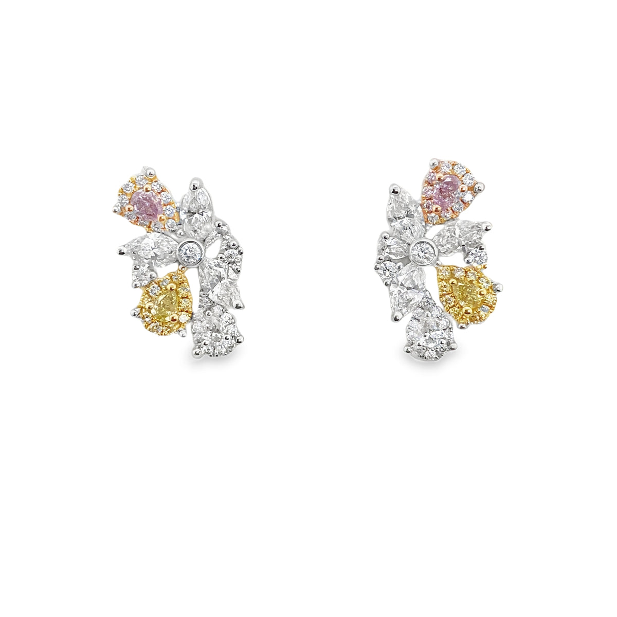 Fancy Light Purplish Pink & Yellow Diamond Earrings with Pear-Shaped Multi-Diamond Design