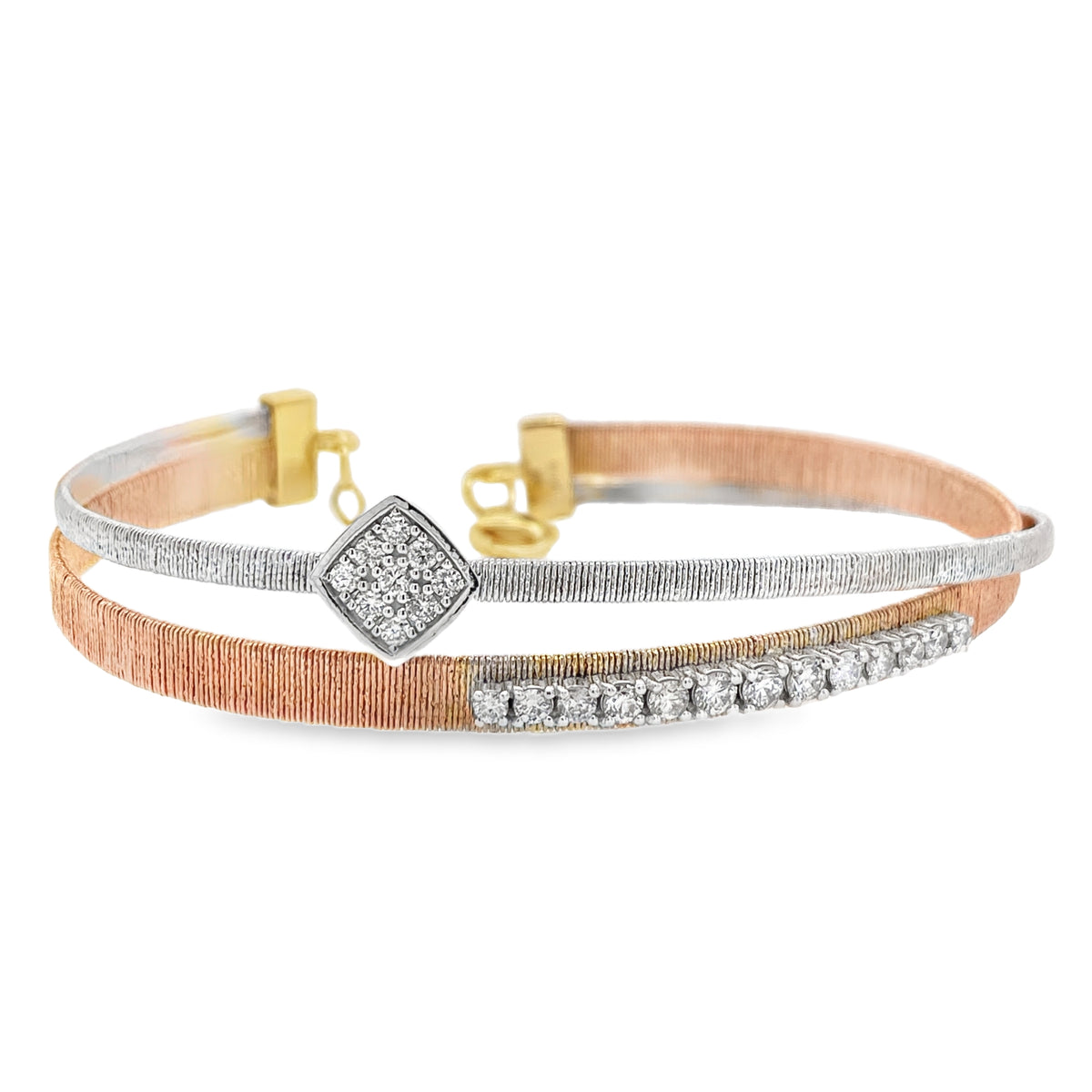 Two-Tone Cushion & Straight-Line Diamond Brushed Metal Bangle